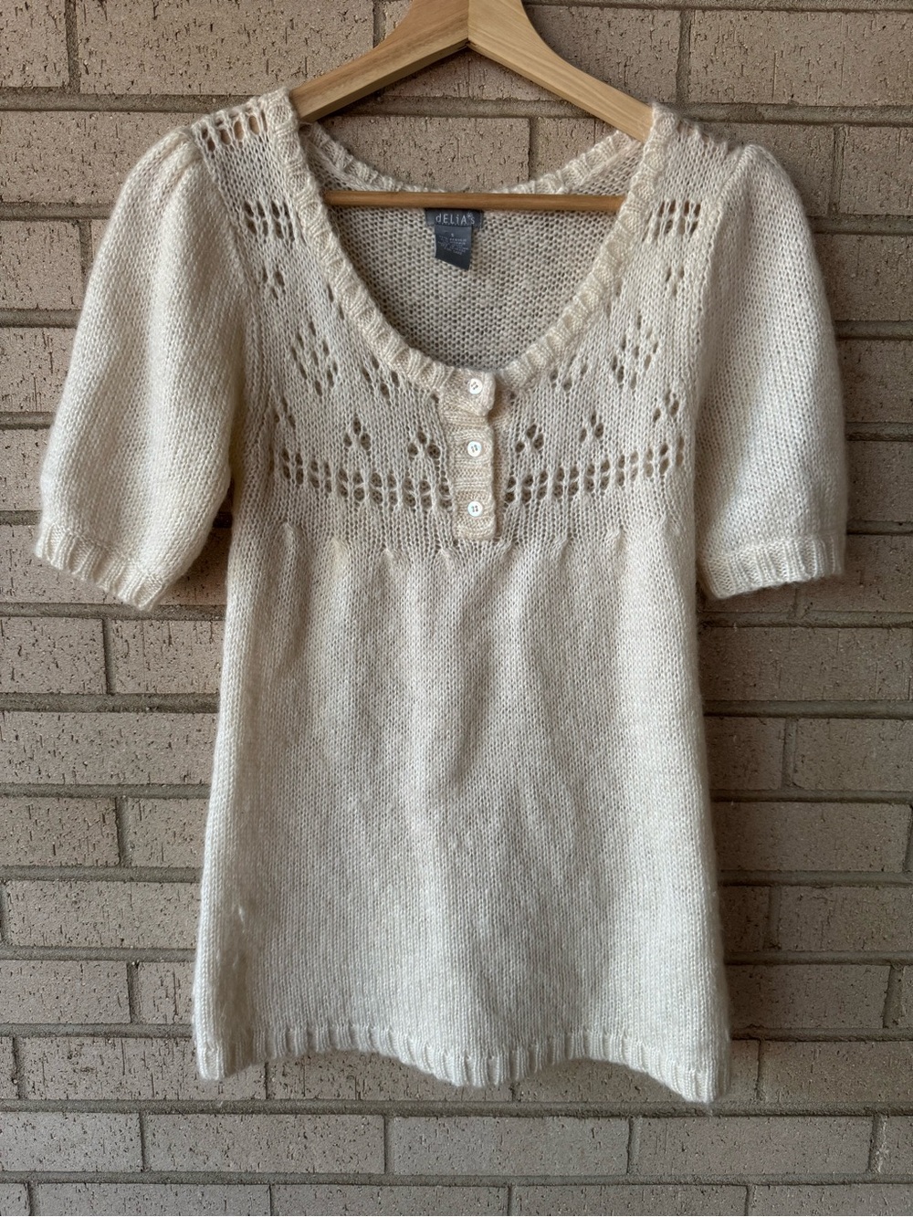dELiA*s Y2K Mohair Wool Pointelle Sweater Top Ivory Puff Sleeve Twee Size S